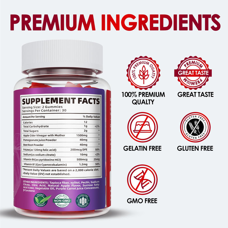Apple Cider Vinegar Gummies 1500MG, Keto ACV Gummies, 2 Pack | B12 Energy Metabolism Support, Beetroot & Pomegranate, Low-carb, Vegan, Non-GMO, 120 gummies 60 Count (Pack of 2)