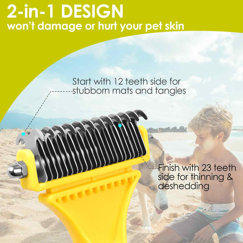 Brillirare Pack of 2 pet grooming rakes, 2-sided detangling undercoat brush, stainless steel comb, dog brush, cat brush, undercoat comb, removes tangles, massage effect & top hair protection, fur brush - BeesActive Australia