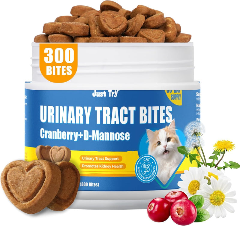 Just Try 300 Bites 6.35 oz Urinary Tract Bites for Cats - Cranberry & D Mannose Formula for Bladder Health - Prevent UTI & Promote Urinary Comfort - Grain Free, Natural Ingredients Cat Supplements