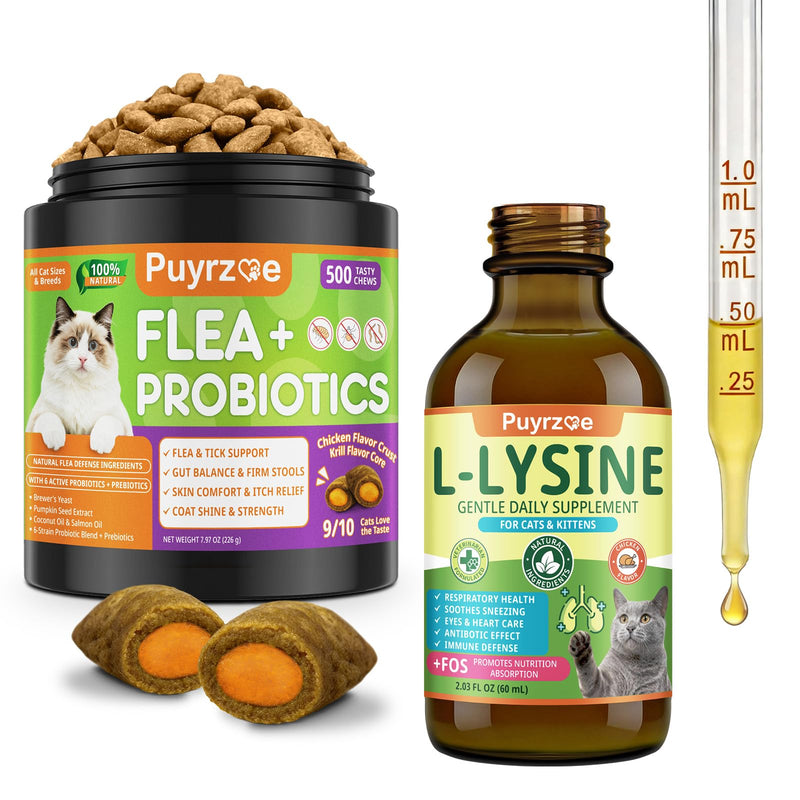 Puyrzoe L-Lysine Drops + Flea Support + Probiotics Chews for Cats – Respiratory & Immune Support + Flea Care & Gut Health – Liquid Lysine 60ml + 500 Chews with 6-Strain Probiotics for Cats