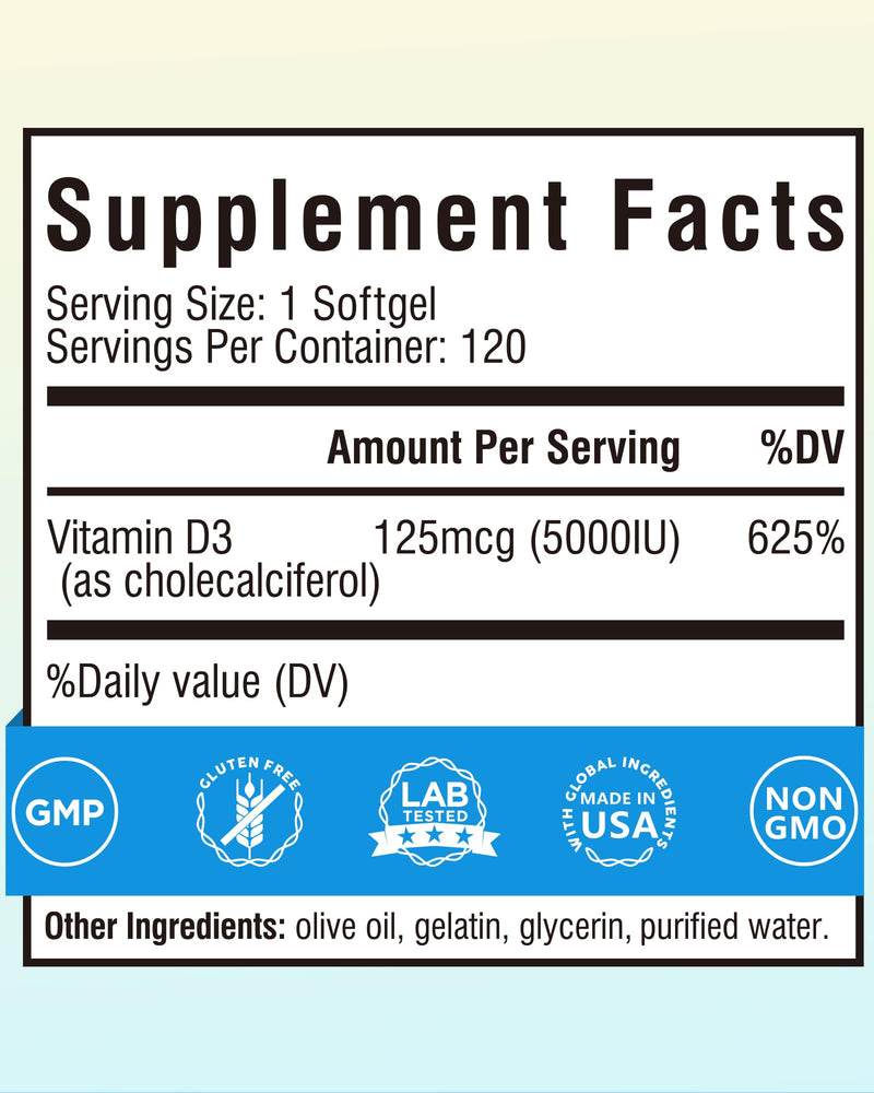 Terranics Vitamin D3 5000IU (125mcg), with Olive Oil, Enhanced Absorption, Non-GMO, No Gluten or Soy, Bone Health, Immune Support, 120 Mini Softgels