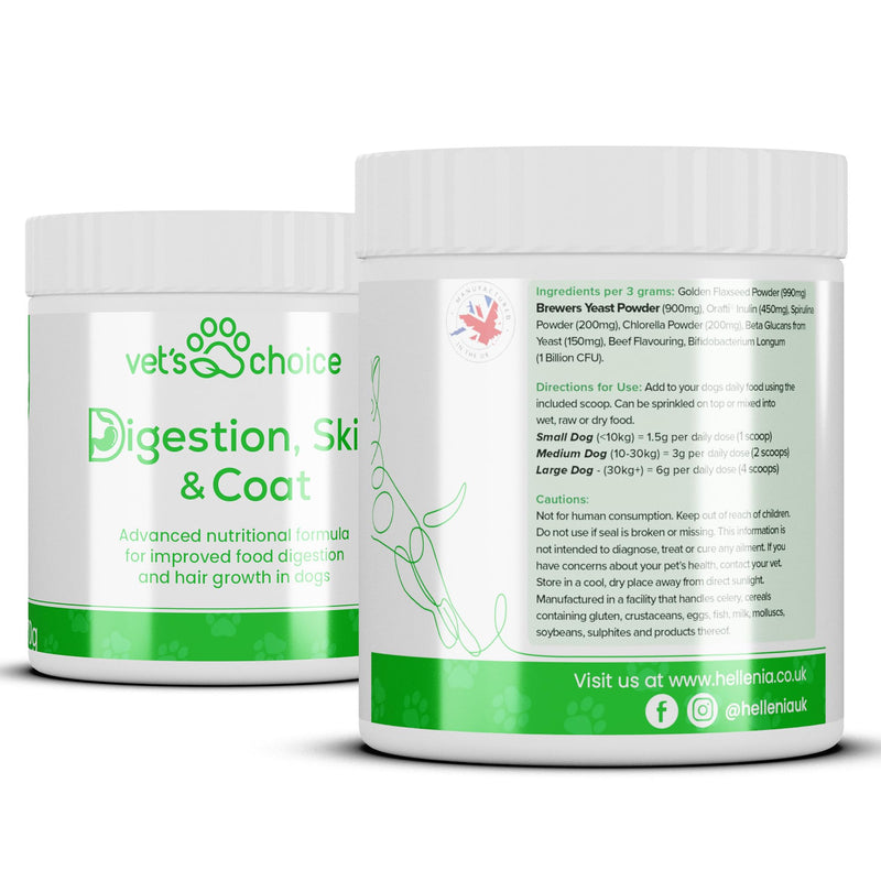 Dog Digestion Supplement - Digestion, Skin & Coat Powder - 270g | Vet's Choice - GMP Certified | Digestive balance, skin & coat maintenance | UK Made Dog Supplement, Mix in with Food (Beef Flavour)