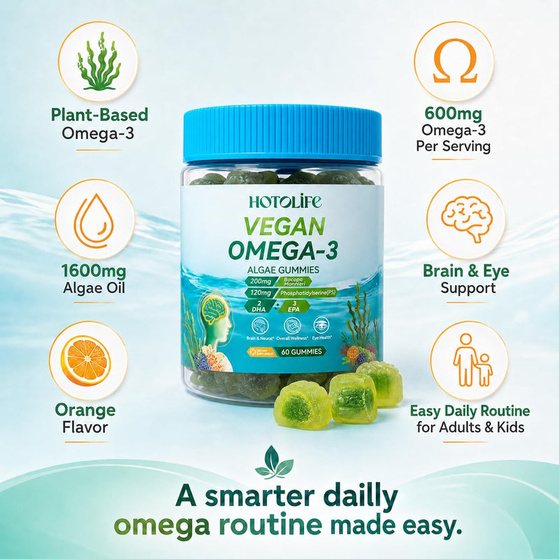 Omega 3 Gummies for Women Men Kids, 600mg Brain & Eye Support, Algae, 90Ct | Plant-Based Algae DHA EPA with Orange Flavor, Lutein, Zeaxanthin, Vitamins A C E, PS and Bacopa for 2-Gummy Daily Routine