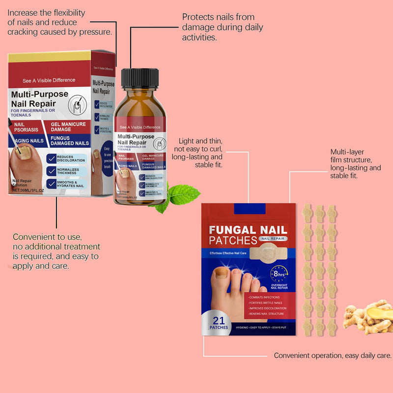 Toenail Fungus Patches 21 Pcs + Liquid Solution 1 Fl Oz 8-Hour Overnight Repair safely and gently Treatment Toenail,Fast Acting Hydrogel Nail Care-Strengthens & Improves Discoloration and Thickness