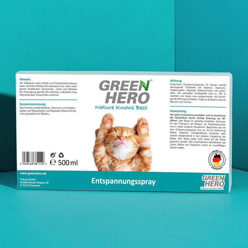 Green Hero Relaxation Spray 500 ml for cats contains calming scents such as valerian, lavender and natural catnip for well-being and relaxation - BeesActive Australia