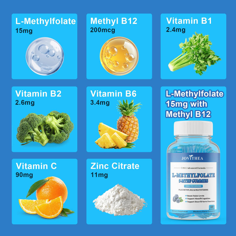 2 Pack L-Methylfolate 15mg Gummies with Methyl B12, Folate 5-MTHF Supplement for Mood, Brain Health, Cognition & Immunity, Sugar Free, Vegan, Non-GMO, 120 Count 60 Count (Pack of 2)