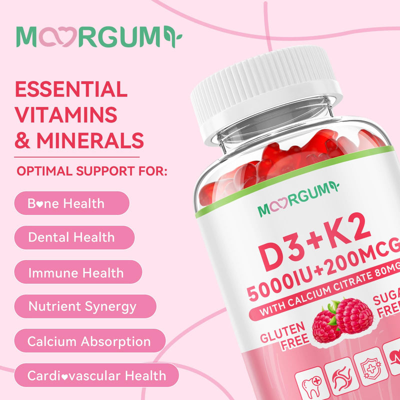 Vitamin D3 K2 Gummies with 5000IU D3, 200mcg K2 (MK-4 & MK-7 Blend), 80mg Calcium, Supports Calcium Absorption, Bone Health & Immune Support, Raspberry Flavor, 60 Count