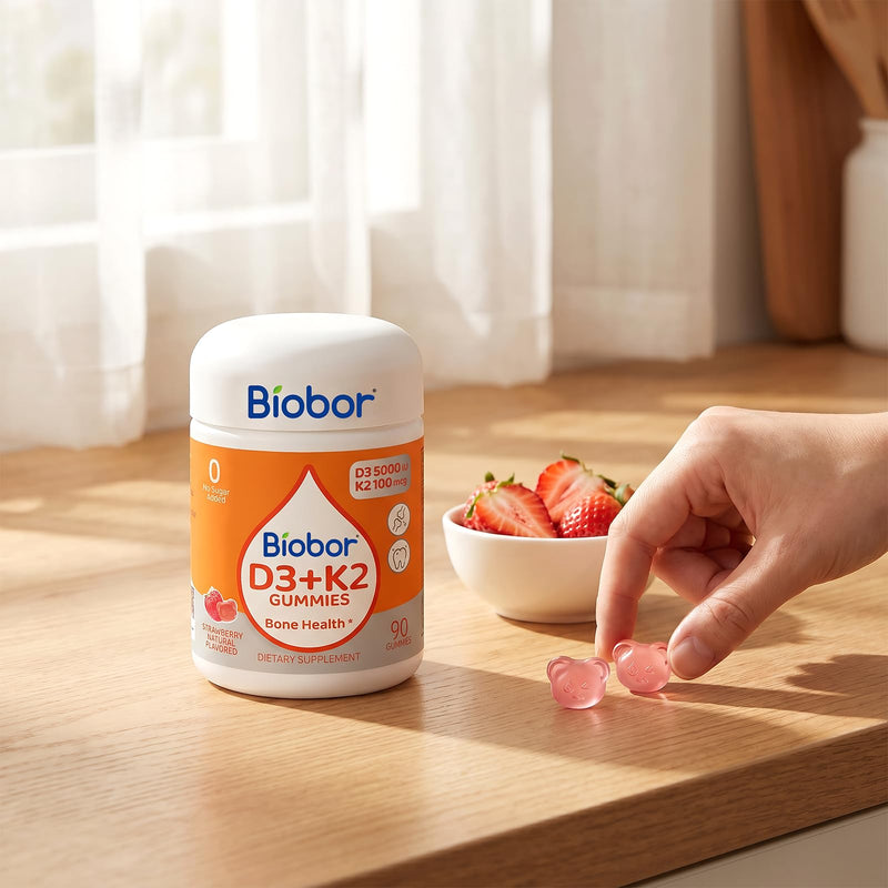 Biobor Natural Vitamin D3 K2 Gummies, 5000 IU D3 + 100 mcg MK-7, 180 Count | Strawberry Vitamin Gummies, Supports Bone & Immune Health. No Sugar Added, Non-GMO, Gluten-Free. Daily Wellness. 90 Count (Pack of 2)