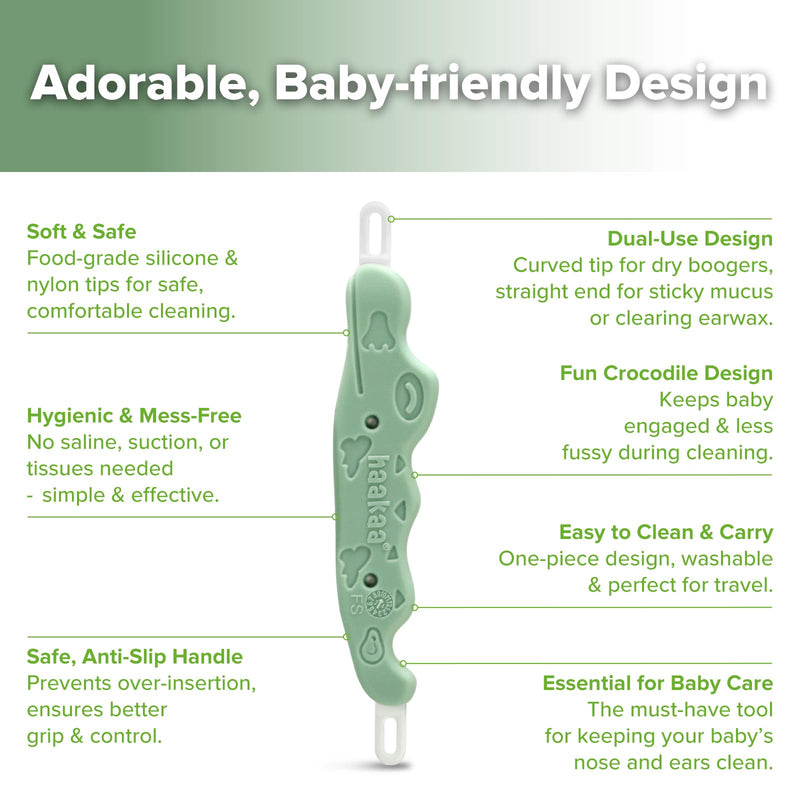 haakaa Baby Nose Cleaner & Ear Wax Removal Tool,The Unique Crocodile-Shaped Design,Newborn Essentials Must Haves - Pea Green