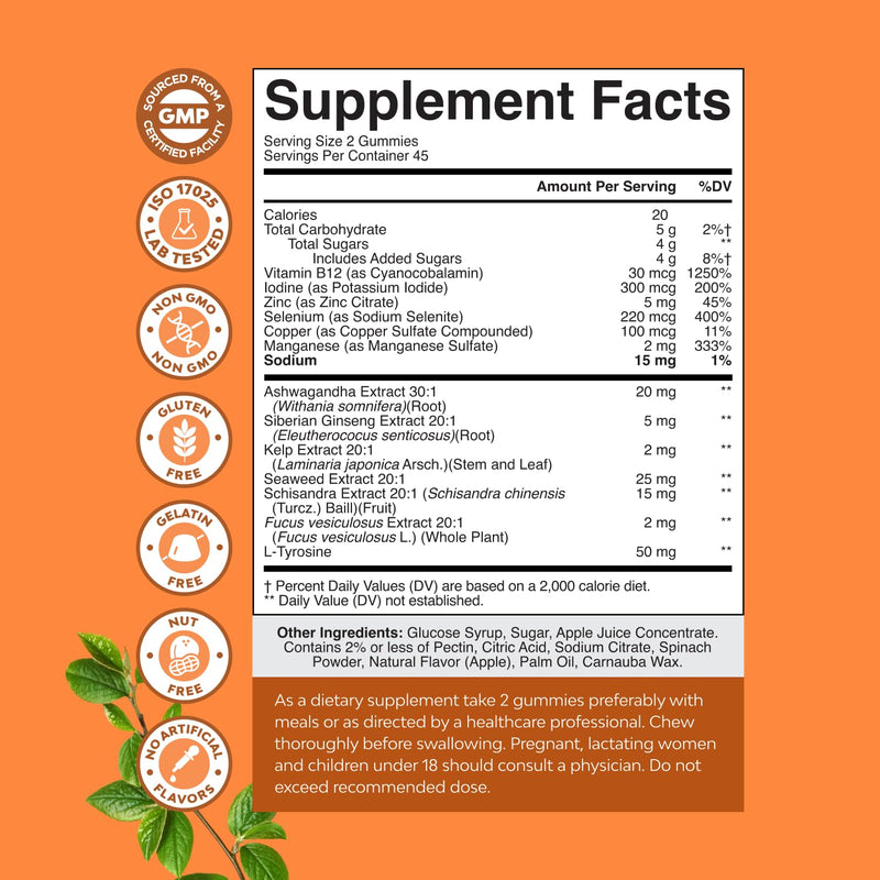 Natures Craft Thyroid Support Gummies - Thyroid Support Gummies for Comprehensive Support for Men and Women with Iodine Selenium and Other Potent Vitamins - Gelatin-Free Non-GMO - 90 Count