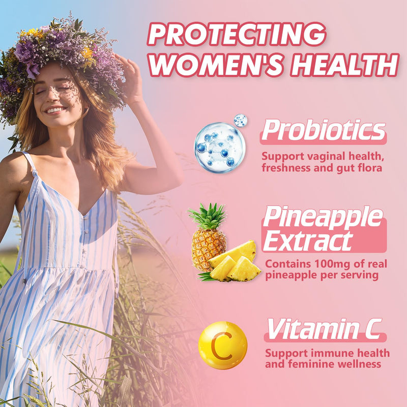 Pineapple Gummies for Women pH - Feminine Balance Gummies for Flora and Vaginal Health + Vitamin C for Immune Support, Probiotics Women's pH Balance Gummy Nutrition Vegan Friendly, 90 Counts