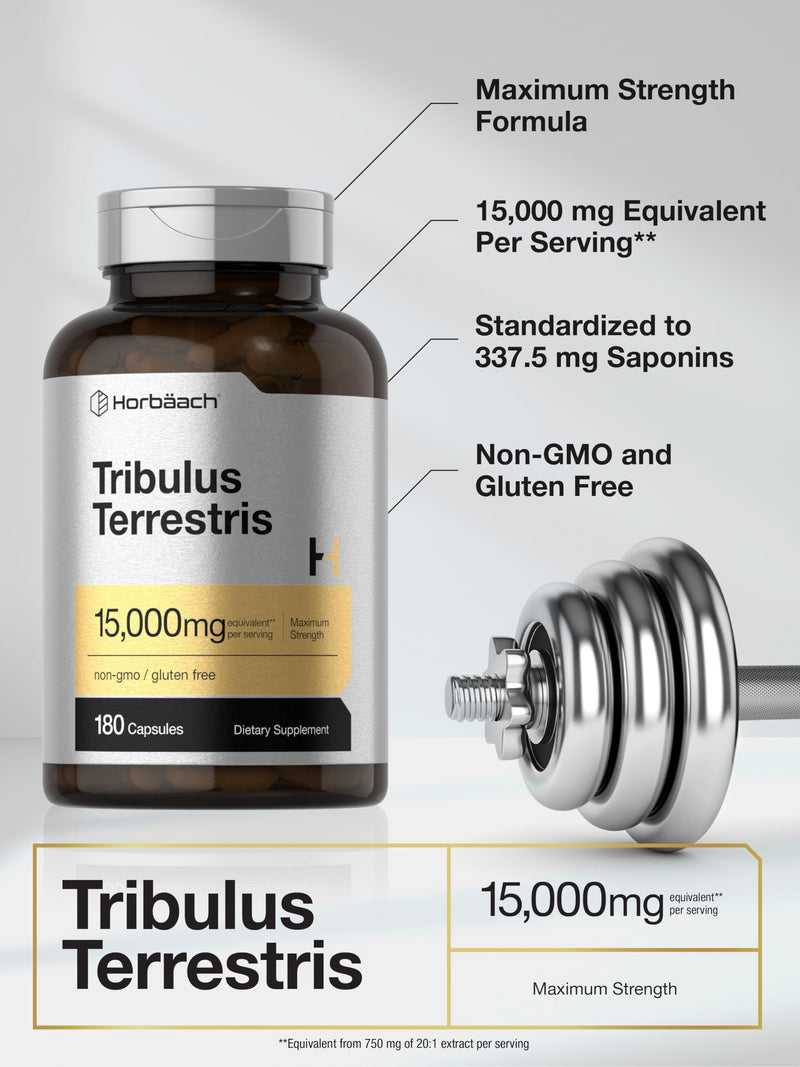 Horbäach Tribulus Terrestris for Men 15000mg | 180 Capsules | Maximum Strength | Non-GMO, Gluten Free Extract Supplement 180 Count (Pack of 1) - BeesActive Australia