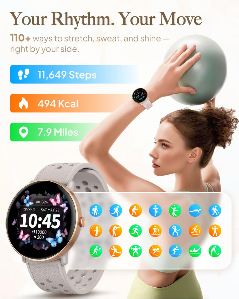 Smart Watch for Women Men, for Android iOS with Sleep & Calorie Monitor, Pedometer Fitness Tracker, Bluetooth Call, IP68 Waterproof, 112+ Sport Modes Round Face Smartwatch (Gold-Pink) Gold-Pink - BeesActive Australia