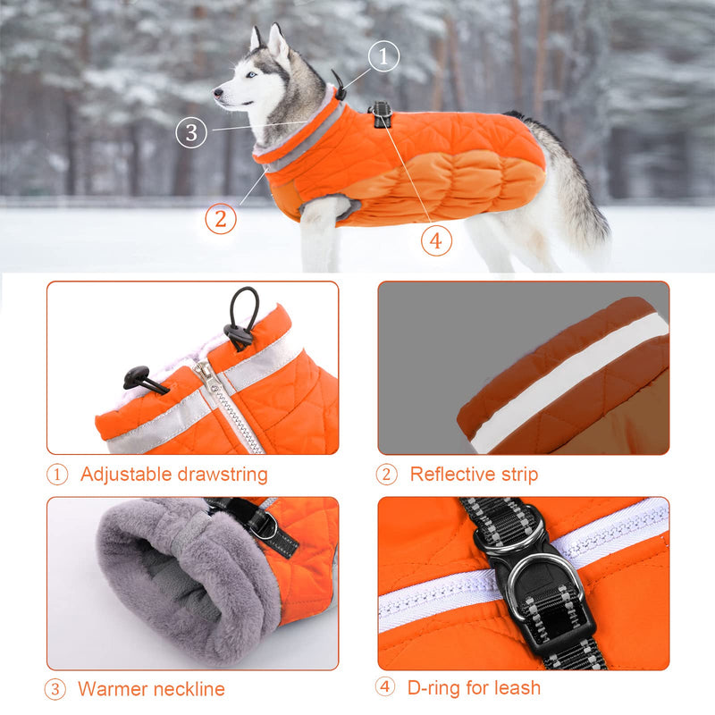 Lelepet Warm Dog Winter Coat Dog Coat Dog Cold Weather Coats Windproof Reflective Turtleneck Fleece Dog Jacket with Harness Thick Dog Fleece Vest Large Dog Coat, Dog Coats for Small Medium Large Dogs Orange - BeesActive Australia