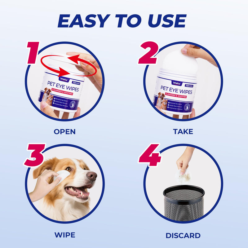 Wellix 110 Counts Dog & Cat Eye Wipes for Discharge and Crust - Pet Eye Wipes Tear Stain Remover for Dogs and Cats - Dog and Cat Grooming Wipes for Eyes, Wrinkle & Face - 3.15 Inches Extra Large 110 count-wipes