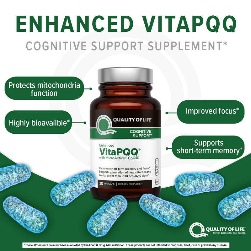 Quality of Life VitaPQQ with MicroActive CoQ10-SR Premium Supplement - Anti Aging, Memory, Energy, Focus, Cognitive and Heart Health - 30 Vegicaps 30 Count (Pack of 1)