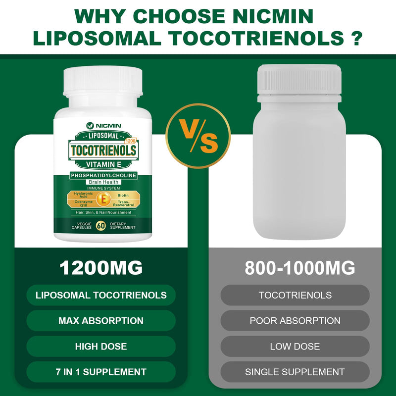 1200MG Vitamin E Tocotrienols Liposomal Tocotrienols Supplement with Phosphatidylcholine, 95% Delta-tocotrienols and 5% Gamma-tocotrienols, High Absorption for Heart, Brain Function 180 Capsules