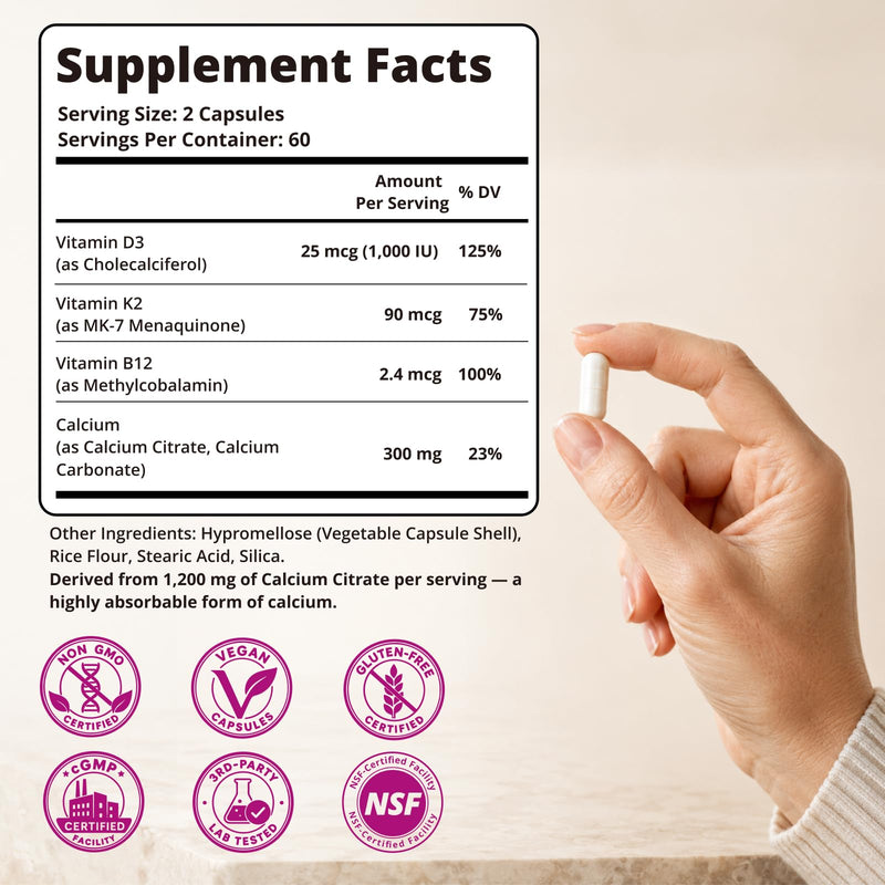 Calcium 1200 mg with Vitamin D3, Calcium Supplements for Women 55+ | High Absorption & Gentle Calcium Citrate with D3 K2 & Active B12 - Bone Density & Health, Non-GMO, Vegan, 120 Capsules