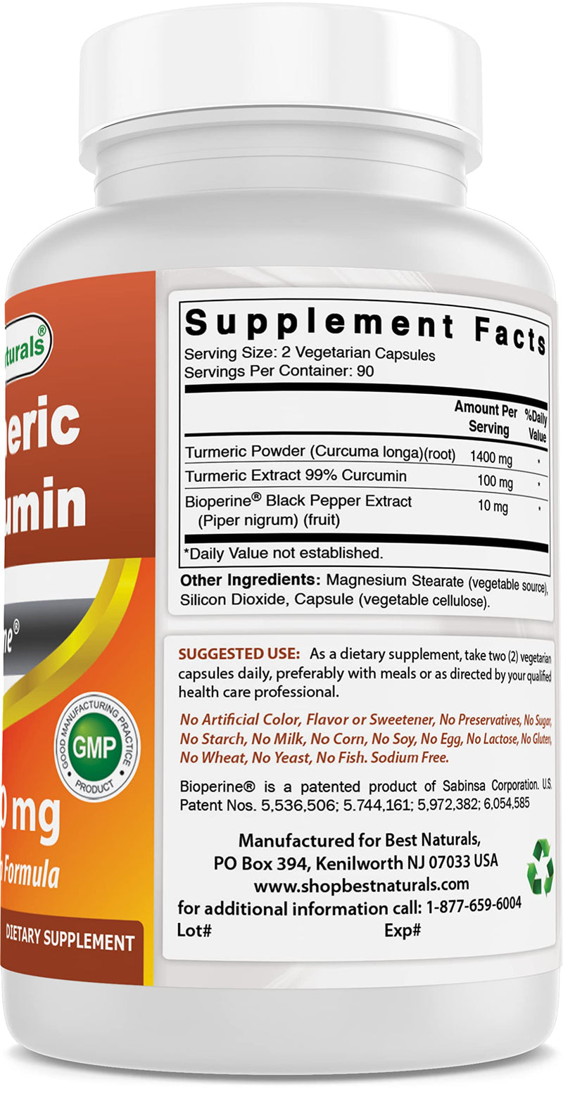 Best Naturals Turmeric Curcumin 1500mg/Serving with Bioperine - 180 Veggie Capsules - BeesActive Australia