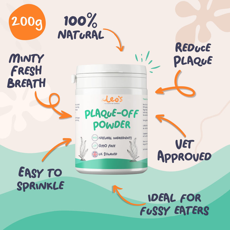 Leo's Plaque Off Powder For Dogs & Cats | 200g | Pet Teeth Cleaning | Cat & Dog Breath Freshener Food Topper | 100% Natural | No Dog Toothbrush or Dog Toothpaste | Plaque Remover For Dogs & Cats 1 Pack
