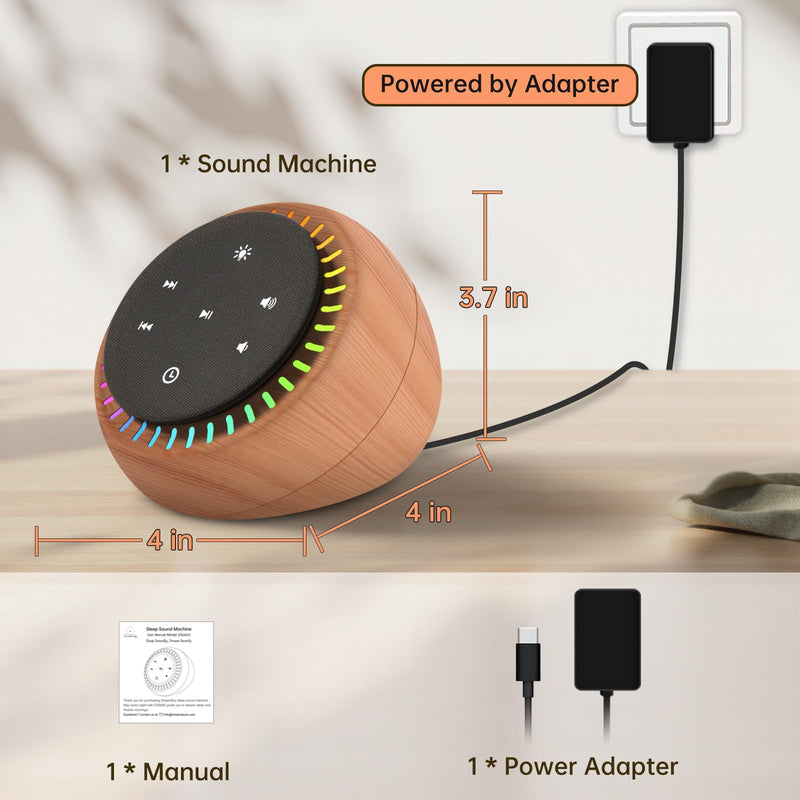 DreamSky Sound Machine for Sleep, White Noise for Sleeping Adults & Baby, Brown Noise Fan for Office Privacy & Noise Canceling, 26 Sounds & RGB Light, USB-C Powered for Home Travel, Wood Grain Small