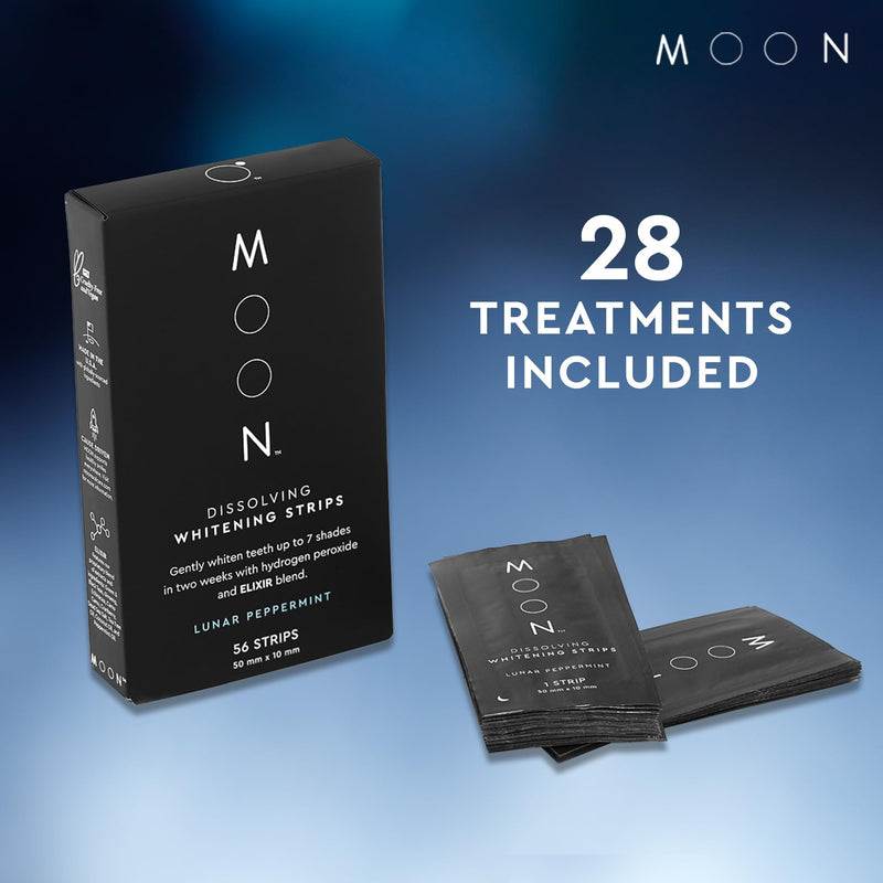 MOON Dissolving Teeth Whitening Strips - Vegan, Easy-to-Use, No Rinse White Strips - Hydrogen Peroxide and Essential Oils Infused Gentle Teeth Whitening Kit - Travel Essentials for Oral Care (56 Ct) Lunar Peppermint (28 Treatments) - BeesActive Australia