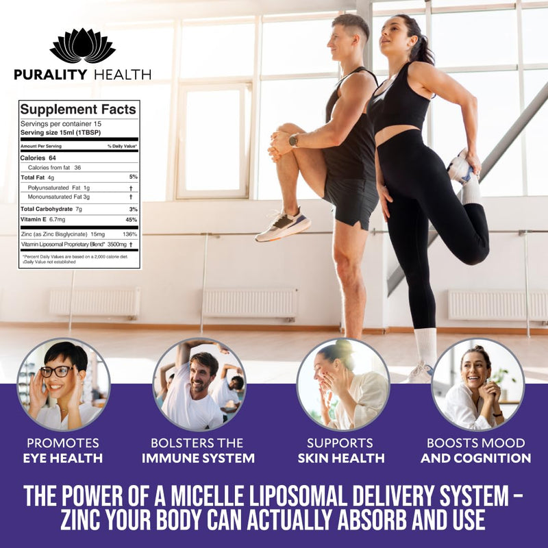 Purality Health Liposomal Liquid Zinc 15mg for Immune Support, 15 Days | Bisglycinate with Vitamin E | Micelle Liposomal High Absorption Formula | Blueberry Flavor, Vegan, Non-GMO, Gluten Free