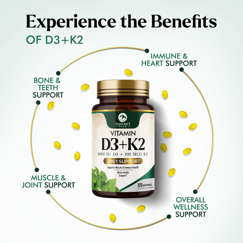 Vitamin D3 K2 - High Potency Vitamin D3 + K2 - 2-in-1 Complex Vitamin D & K2 (MK7) Supplement - Gluten Free - Bone & Immune Support - Vitamin D3 4000 IU Per Softgel - Bottled in the USA - 120 Softgels 120 Count (Pack of 1)
