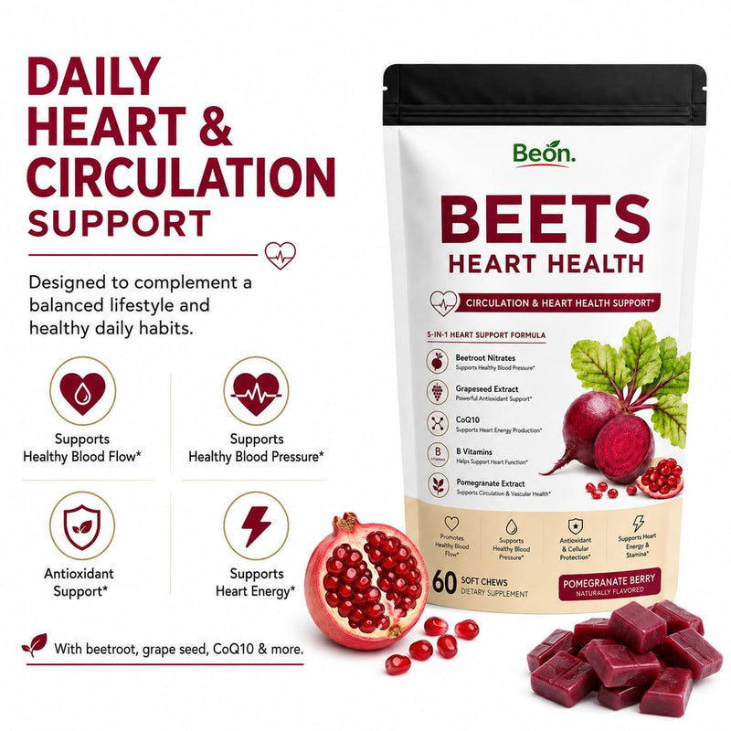Beon Beet Chews, Beon Beetroot Chews Gummies for High Blood Pressure & Cardiovascular Support, Beet Root Gummies with L-CoQ10 & Grape Seed for Calm Mood, Sugar-Free Vegan, 60 Chew
