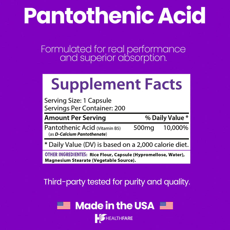 Healthfare Pantothenic Acid 500mg Vitamin B5 Supplement | 200 Vegan Capsules | Extra Strength Energy & Metabolism Support | Non-GMO, Gluten-Free | Made in USA 200 Count (Pack of 1)