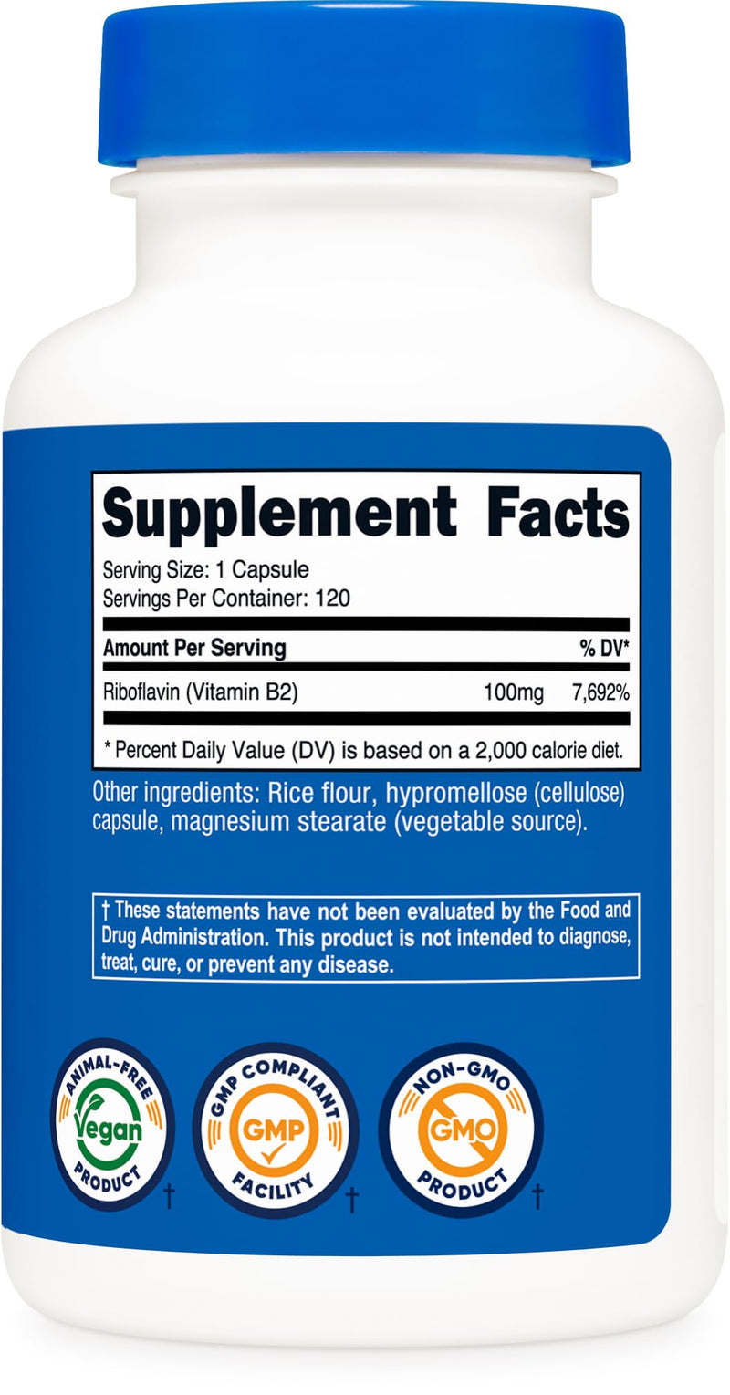 Nutricost Vitamin B2 (Riboflavin) 100mg, 120 Capsules - Gluten Free and Non-GMO (Pack of 2)