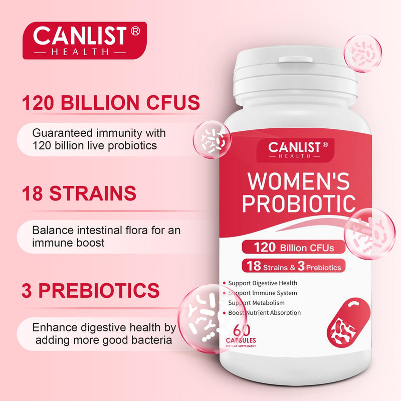 CANLIST Women's Probiotics 120 Billion CFUs 18 Strains 3 Prebiotics & Digestive Enzymes Contains Organic Prebiotic Cranberry Women's Health Digestive & Immune Support Non-GMO, 60 Capsules 60 Count (Pack of 1)