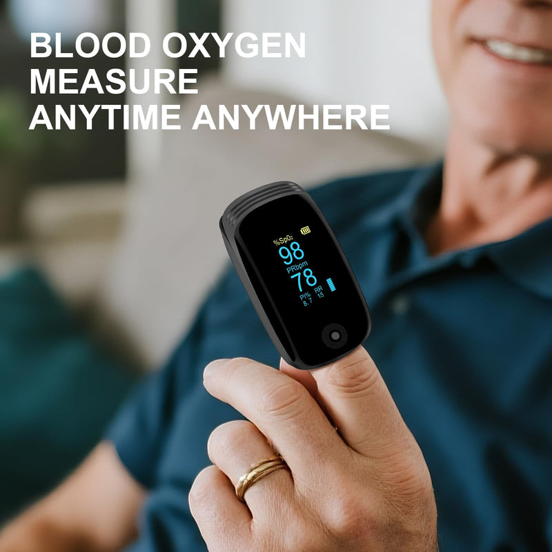 Fingertip Pulse Oximeter with Respiration Rate & Respiratory Monitoring SpO2, Heart Rate, PI & RR Measurements, Blood oximeter Rechargeable 6 Display Modes & 4-Way Rotatable Screen for Home & Sports UseÔºàBlackÔºâ