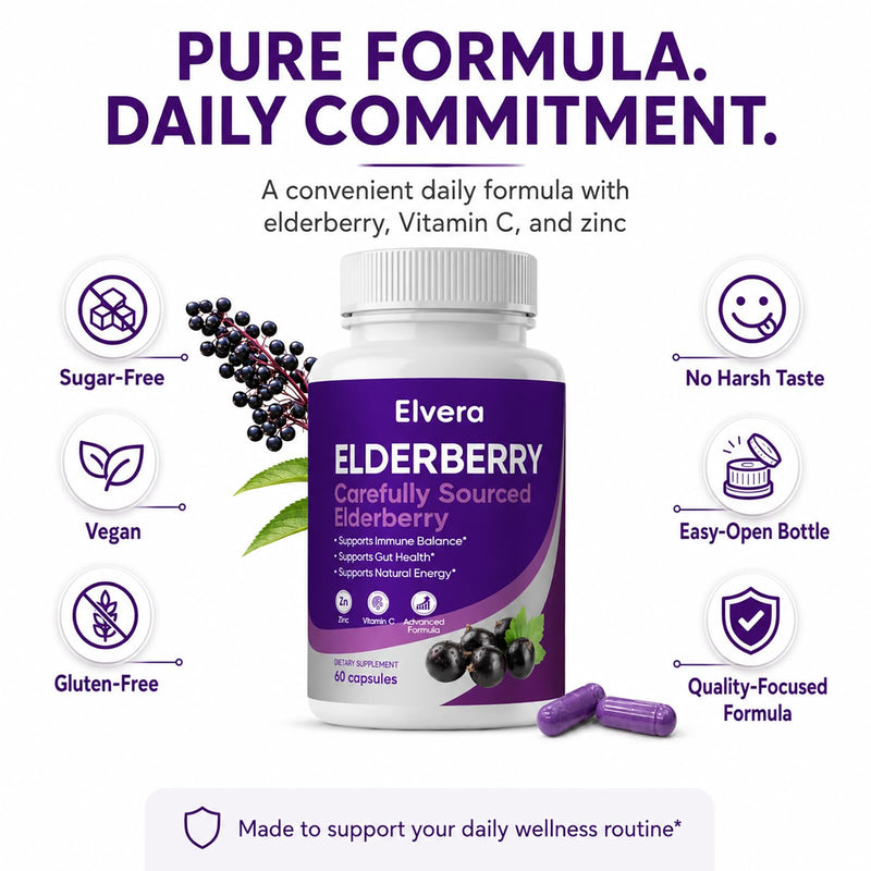 Elvera Elderberry Gut Support, 1200mg Sambucus Elderberry Extract, Advanced Gut Support Complex with Vitamin C & Zinc, Daily Wellness Formula, 60 Capsules