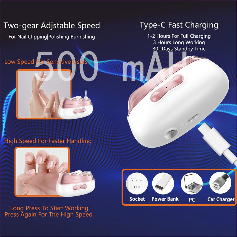 No Pain|Safe on Skin Automatic Nail Clipper & Polisher with Storage|LED Light|UV Lamp|2 Speeds Fingernail & Toenail Polishing Tool/Gift for Seniors with Limited Mobility & New Parents Trim Baby Nails Grey