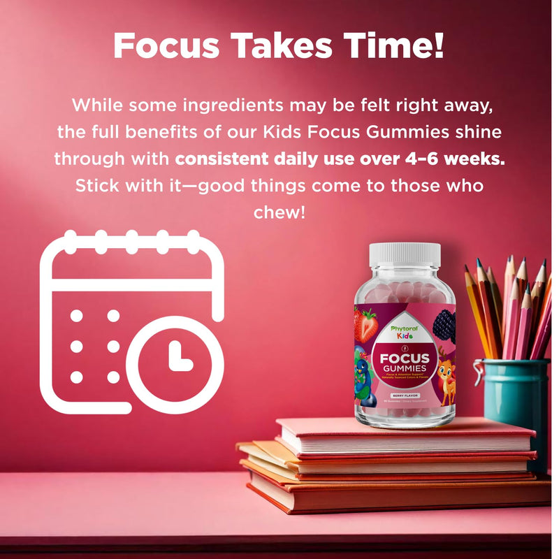 Phytoral Vegan Kids Focus Gummies - Potent Chewable Brain Support for Children - Enhances Concentration & Memory - Calming Supplements & Focus Gummies for Kids - Non-GMO & Gluten-Free - 60 Count 60 Count (Pack of 1)