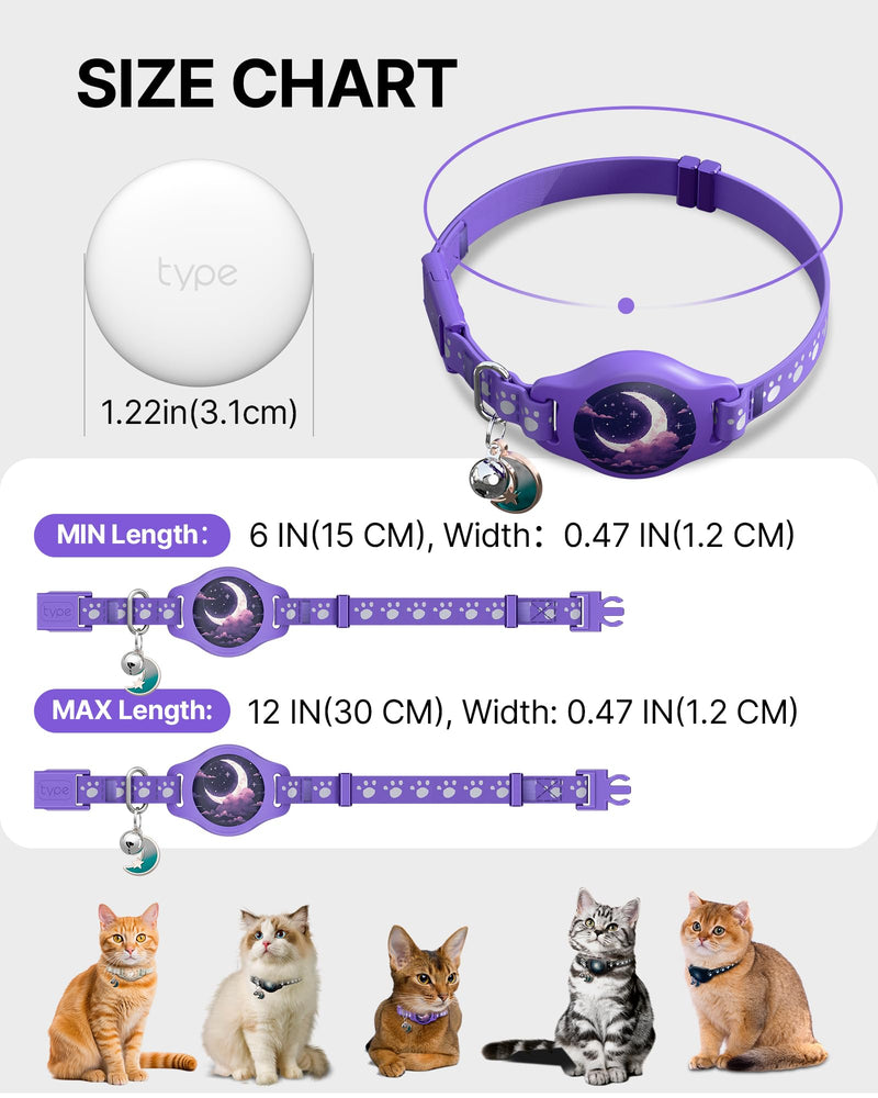 Cat Tracker Collar - Tracking Pet Collar with Finder Tag Waterproof, No Monthly Fee, Compatible with Apple Find My (iOS Only), Breakaway GPS Tractive Cat Collar with Reflective Pattern & Bell, Purple - BeesActive Australia