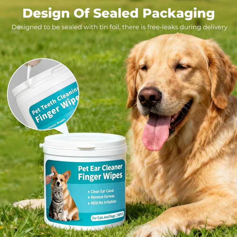 Pet Ear Cleaner Finger Wipes for Dogs, Cats, Gentle Alcohol-Free Formula, Removes Wax, Debris, 50 Count, Vet Approved, 4x8cm Ear Finger Wipes - 50Counts