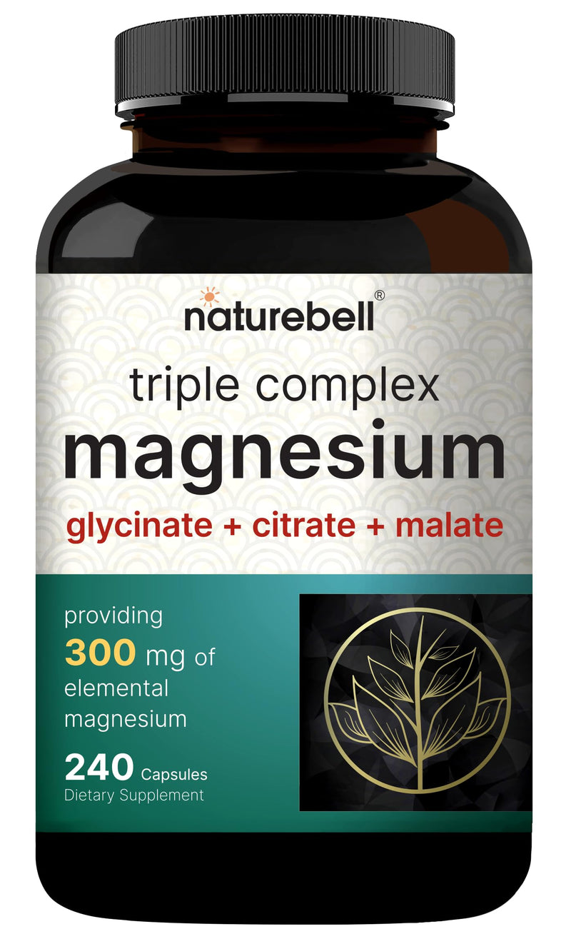 NatureBell Triple Magnesium Complex, Glycinate Citrate Malate, 240 Capsules | 1,000 mg Blend Per Serving. 3-in-1 Chelated Magnesium Supplement with Vitamin C. For Women & Men. Filler Free, Non-GMO. 240 Count (Pack of 1)