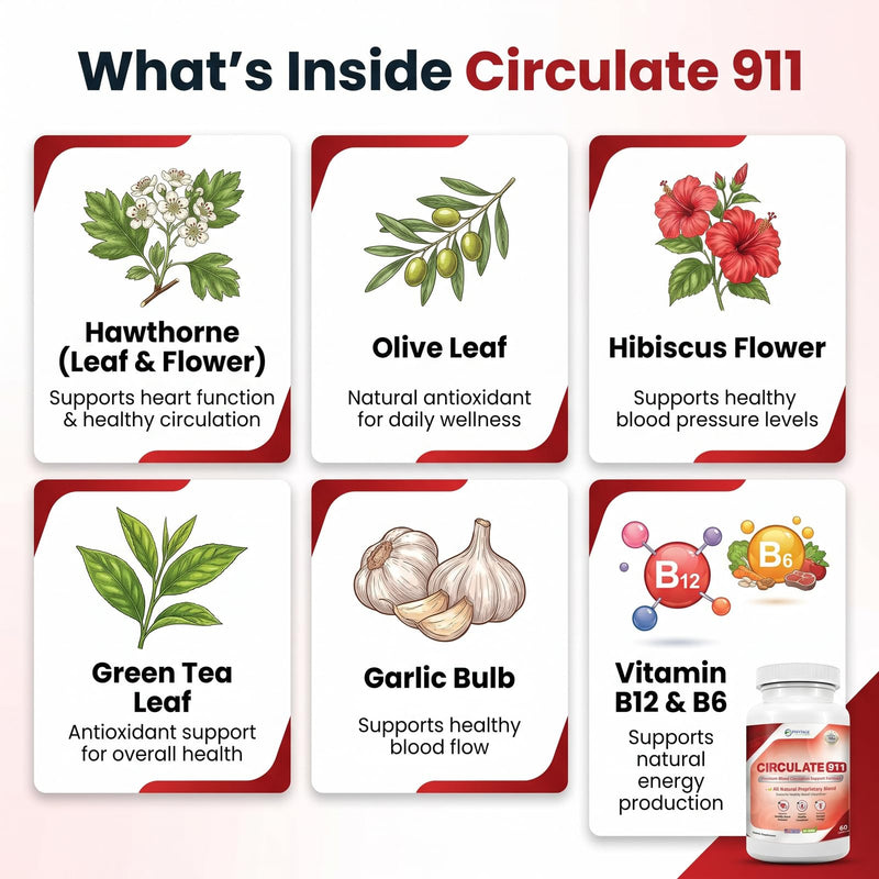 Circulate 911 – Premium Blood Flow Support Supplement – Natural Antioxidant Formula with Hawthorne, Olive Leaf & Green Tea – Supports Healthy Blood Pressure & Natural Energy – 60 Capsules