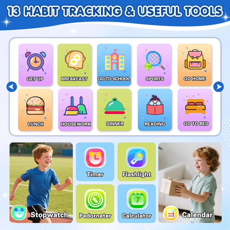 MOFGDNI Smart Watch for Kids with 39 Games Touchscreen Camera Video, Music Player, Pedometer, Calculator, Calendar, Stopwatch, Flashlight, Alarm Clock 12/24 hr, Birthday Gifts Toys for Boys Ages 3-12 Black - BeesActive Australia