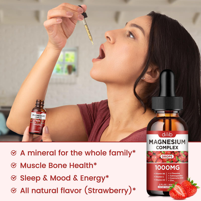 Triple Magnesium Complex Supplement, Magnesium Glycinate, Blend, Citrate Liquid Drops 1000mg with Ashwagandha, CoQ10, Vitamin B6, C, D, Zinc -Support Calm Stress Relief, Bone, Muscle, Mood Vegan Strawberry 2 Fl Oz (Pack of 1)