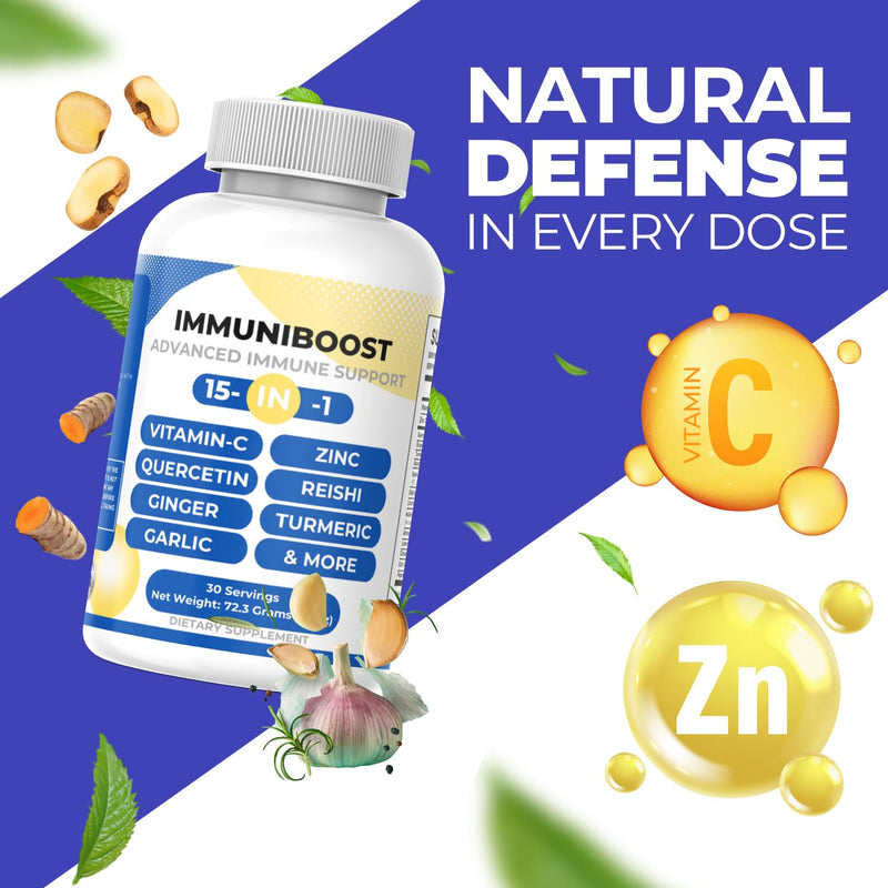 15 in 1 Immune Support Supplement 120 Capsules with Powerful Blend of Turmeric, Ginger, Vitamin C and Zinc Immune Booster for Adults
