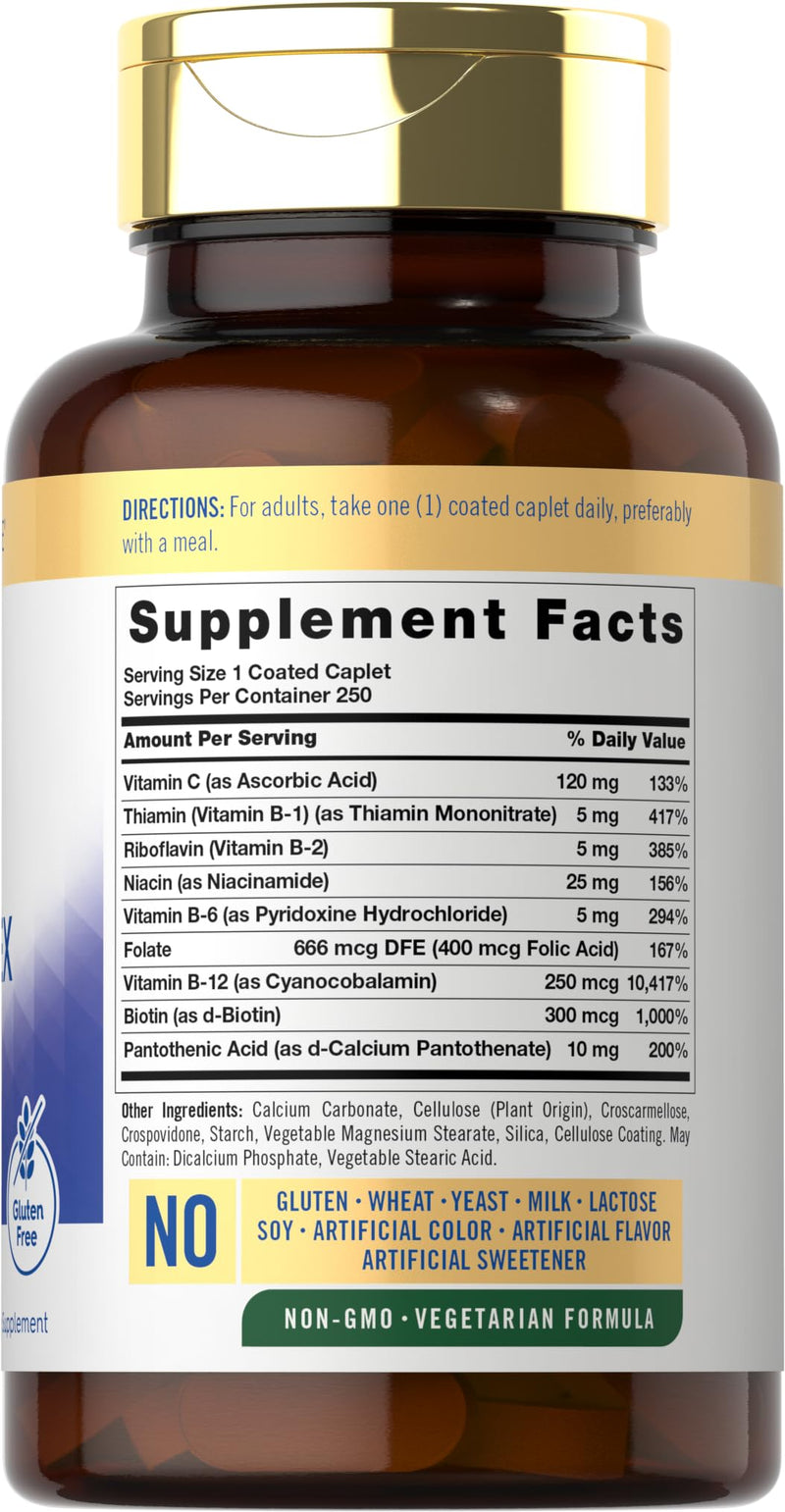 Carlyle B-Complex with Vitamin C & Folic Acid | 250 Caplets | For Women and Men | Vegetarian, Non-GMO, Gluten Free Supplement 250 Count (Pack of 1)