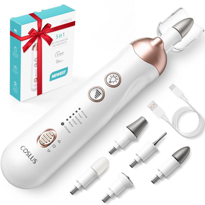 COSLUS C30 Professional Manicure Pedicure Kit: 5 in 1 Electric Nail File Set Toenail Grinder, 5 Speed Cordless Nail Drill for Thick Nail Toenail Cuticle, Hand Feet Trimmer Buffer for Women Men Baby Bright White - BeesActive Australia