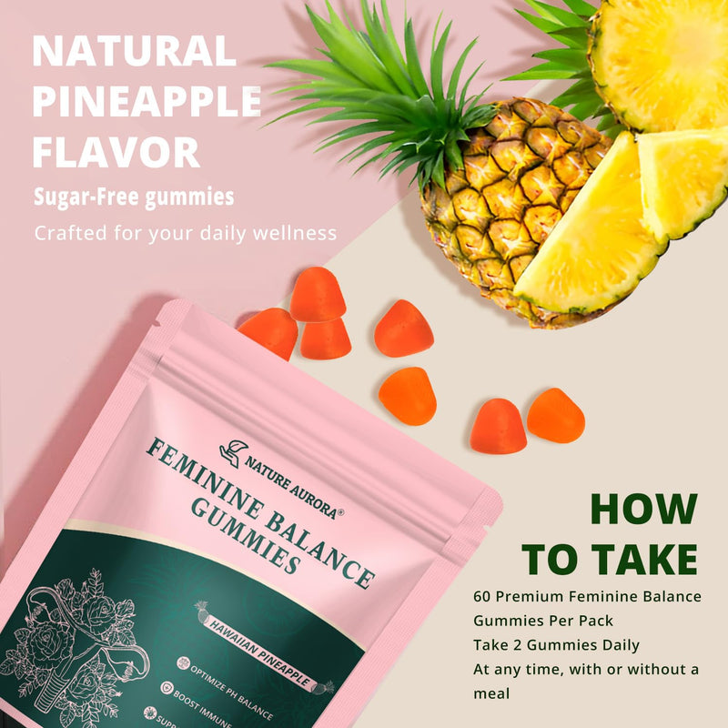 Feminine Balance Gummies, Vaginal Probiotics for Women, Hawaiian Pineapple | Support pH Balance, Healthy Odor, Digestive Health & Immune, 60 Count, Vegan, Gluten-Free