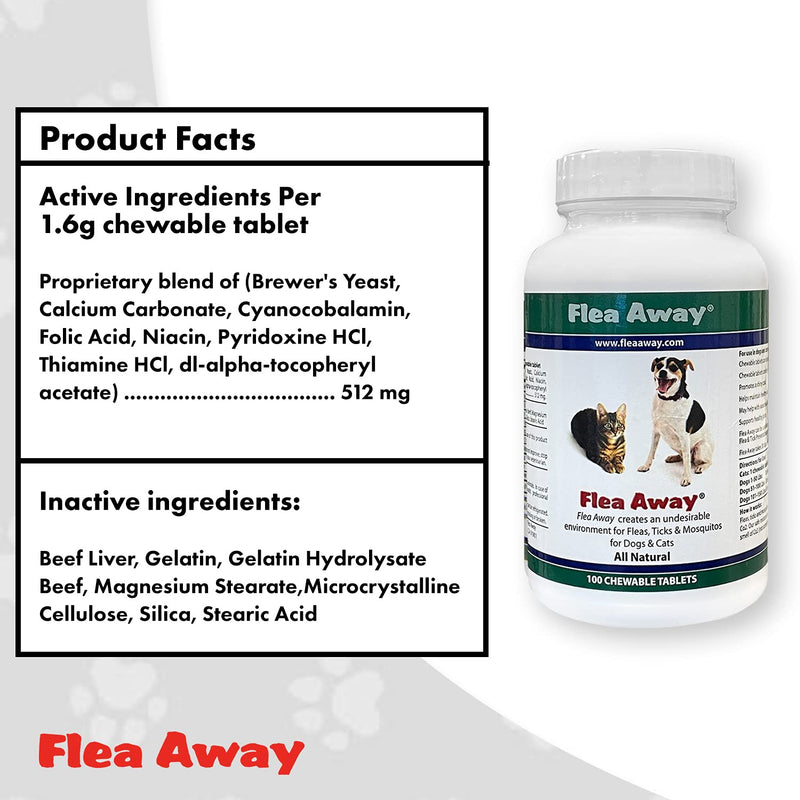 Flea Away All Natural Supplement for Fleas, Ticks, and Mosquitos Prevention for Dogs and Cats, 100 Chewable Treat Tablets, Single (Pack of 2) 1 Single (Pack of 2)