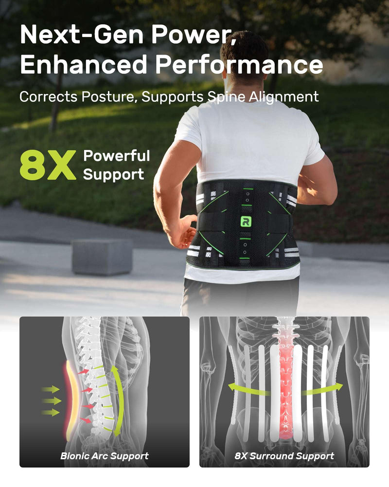 Back Brace for Lower Back Pain Relief, 8X Powerful Lumbar Support with 3D Pad, Support Belt for Men Women, Breathable Back Support Brace with Adjustable Strap, Green Size M Medium
