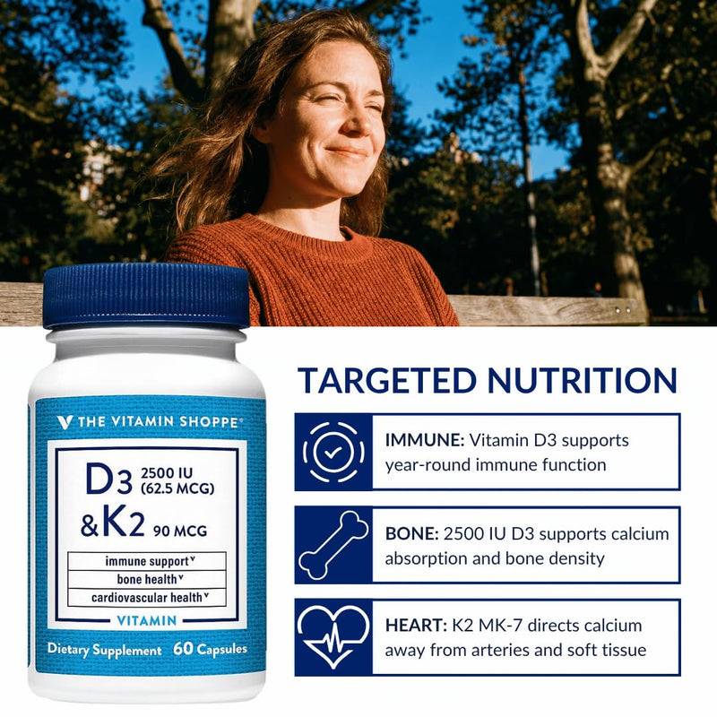 The Vitamin Shoppe Brand Vitamin D3 2500 IU & K2 90 MCG, 60 Capsules | Includes Calcium, D3, K2 & MK7 for Bone Health, Immune Support & Cardiovascular Health, Gluten Free