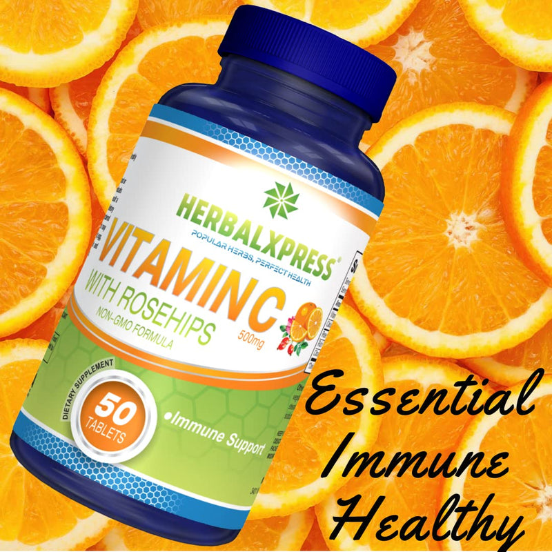 Herbalxpress Vitamin C 500mg with Rose Hips, Ascorbic Acid & Citrus Bioflavonoids 50 Tablets (1 Tub) - The Powerful Duo:- A Complementary Approach to Boost Your Immune System.